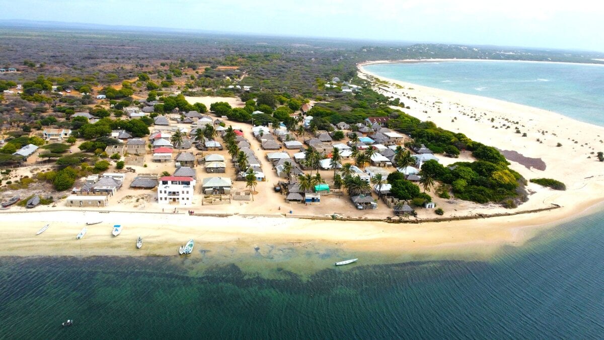 Aerial view of a beachfront village on Lamu Island, Kenya